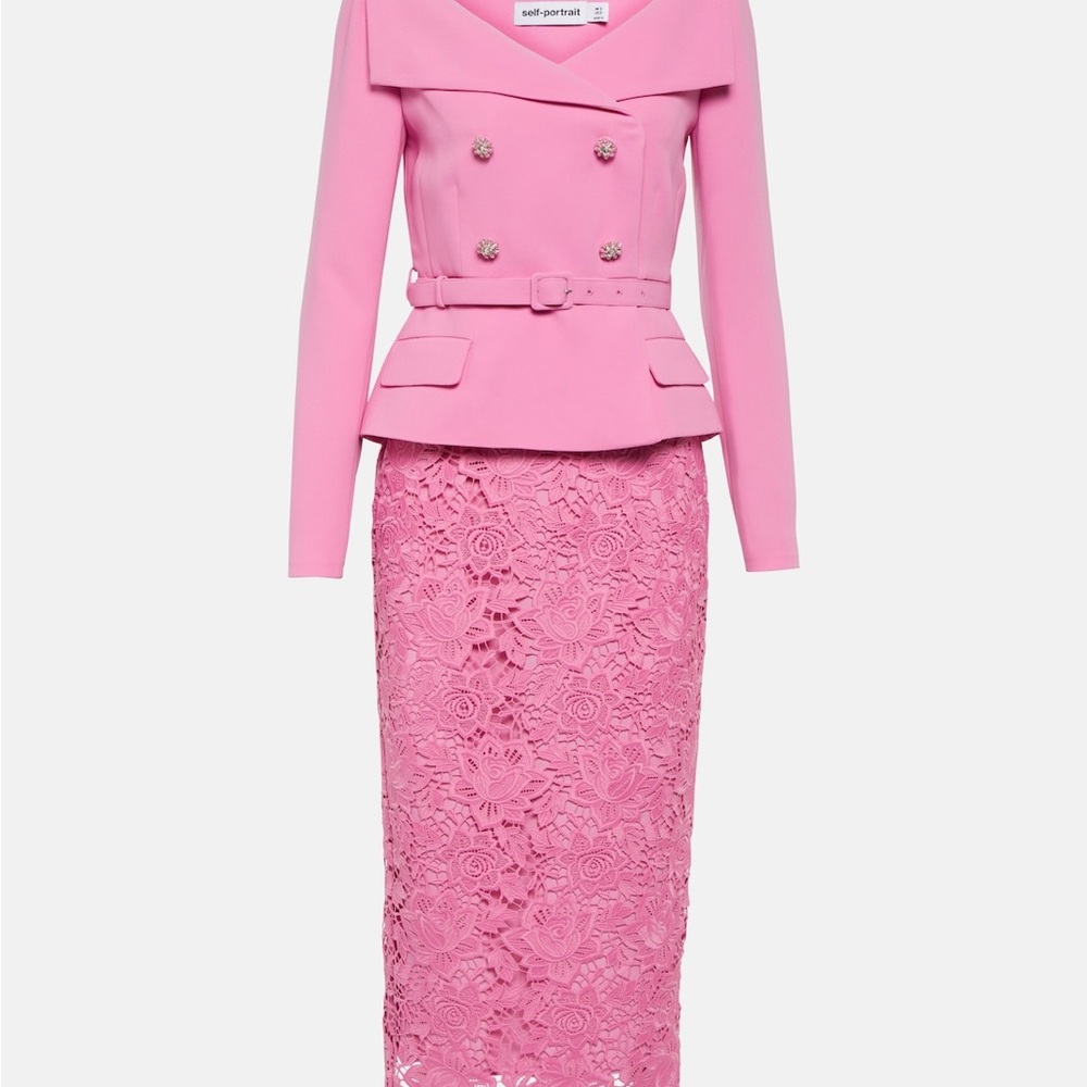 Self-Portrait Pink Lace Skirt Tailored Crepe Blazer Lace Midi Dress